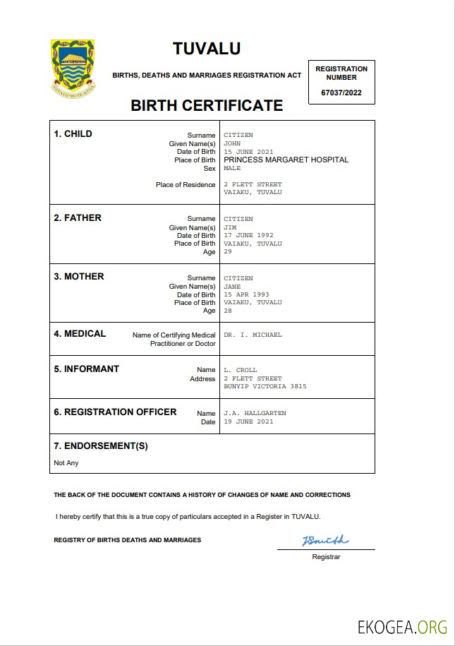 Modèle Word et PDF d'acte de naissance de Tuvalu